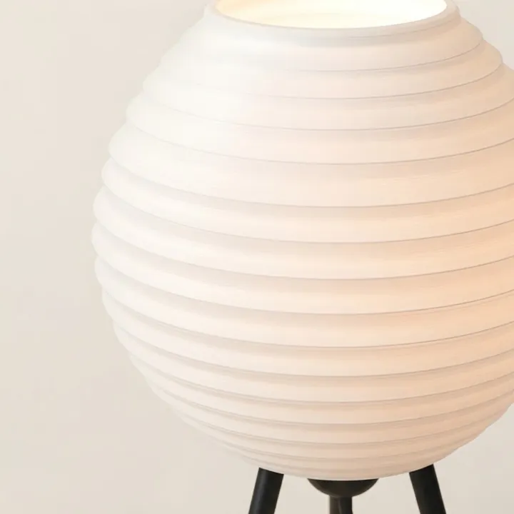 Close-up of the ridged shade of a tripod lamp